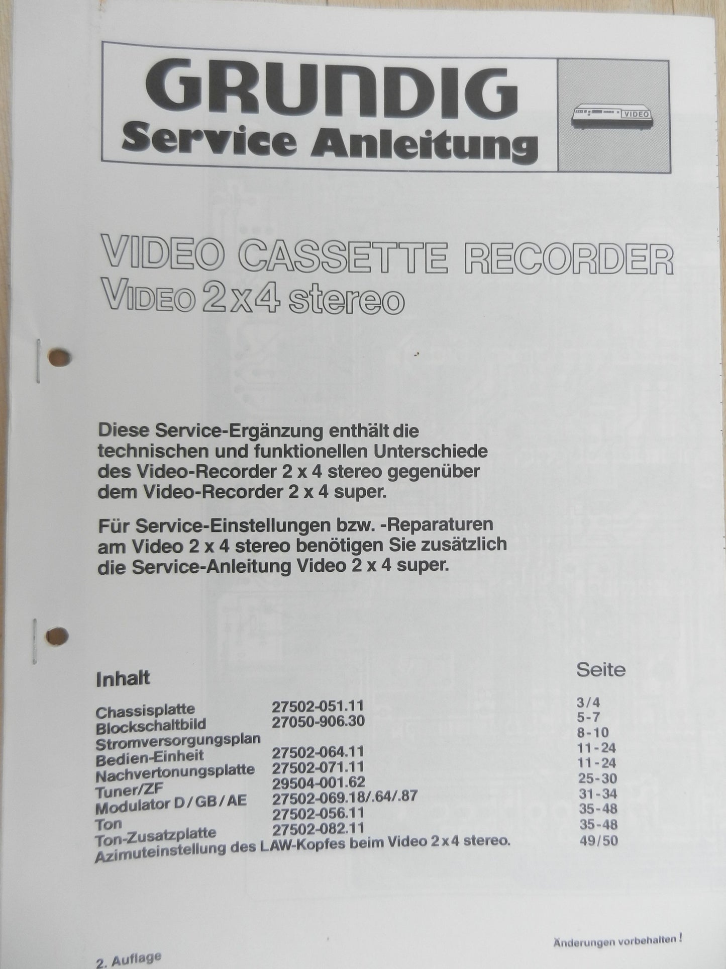 2x4 super Stereo Video Ergänzung vom Mechanischen Service Manual für Videorecorder von GRUNDIG