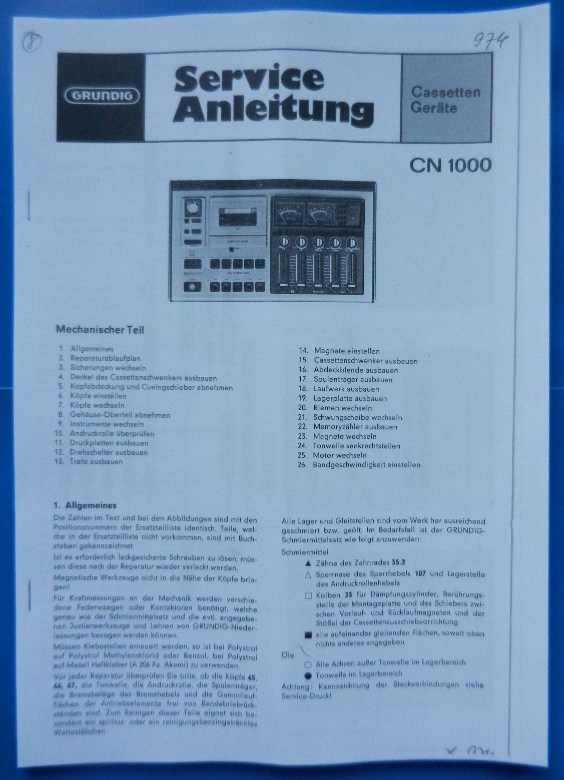 CN1000 Service Manual für GRUNDIG Hifi Cassettendeck