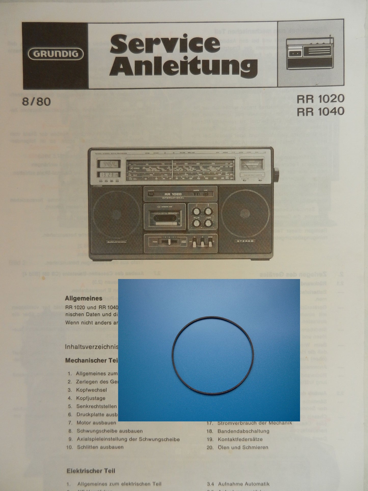 RR1020 / RR1040 Antriebsriemen GRUNDIG