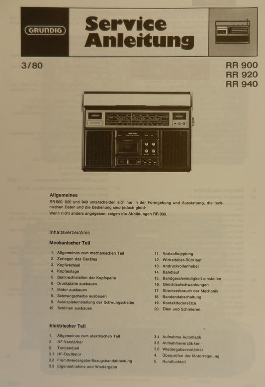 RR 940 Service Manual für Radiorecorder von GRUNDIG