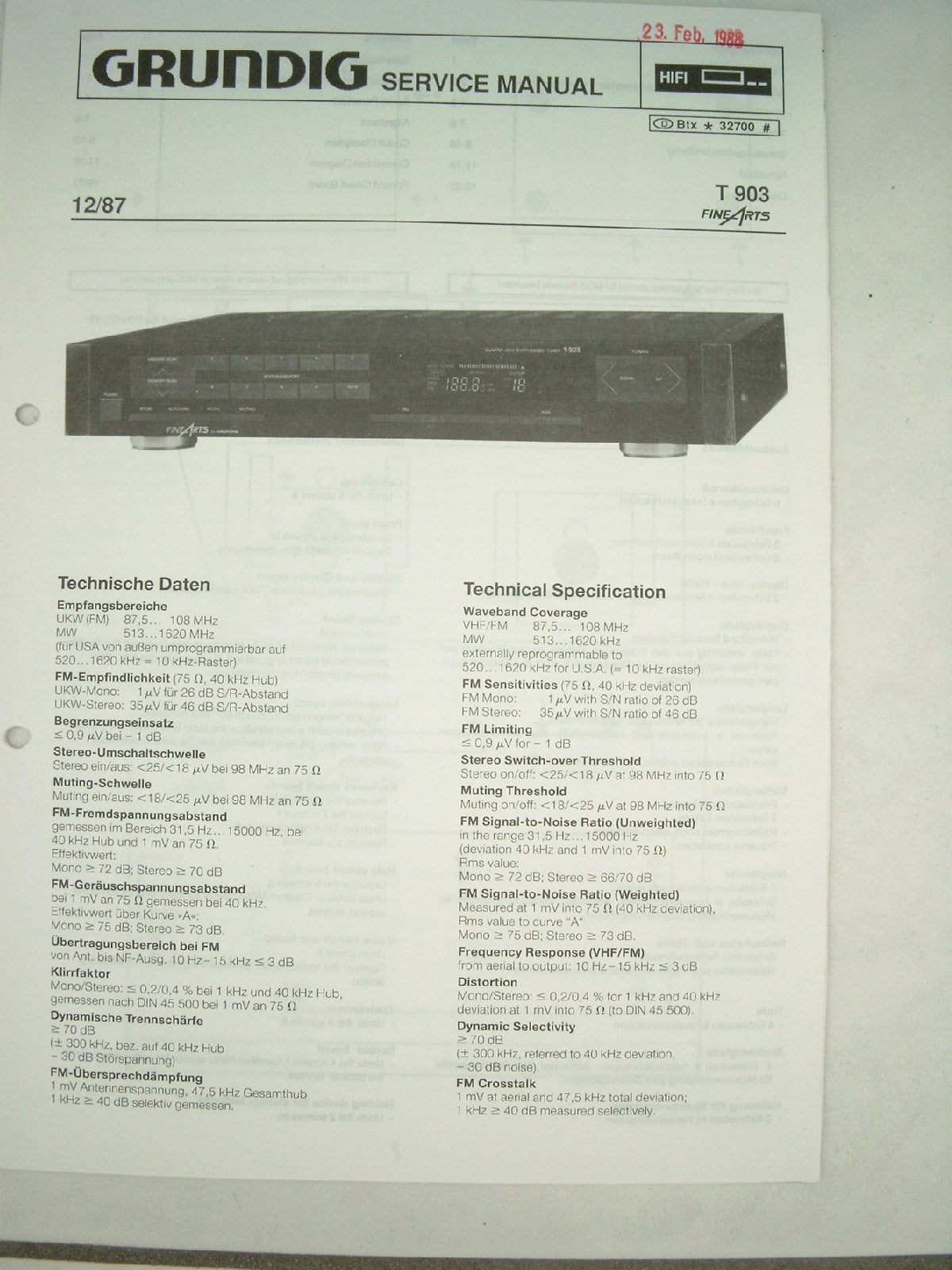 T903 Service Manual für Hifi Fine Arts GRUNDIG Tuner